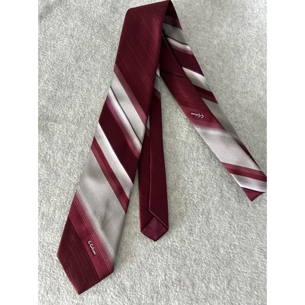 G Galvani Mens Silk Tie Burgundy Red Silver‎ White Striped Formal Necktie